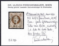Austria 1867 50kr brown fine print perf 12 superb used. Ferchenbauer certificate.