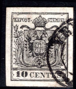 Lombardy & Venetia 1854 10c black machine made paper very fine used. Signed Ferchenbauer.