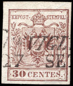 Lombardy & Venetia 1850 30c type I with part sheet watermark. Signed Ferchenbauer.