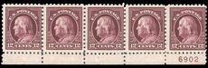 USA 1916 12c claret-brown in fine plate strip of 5 perf 10 no wmk. Unmounted mint (plate single is hinged).