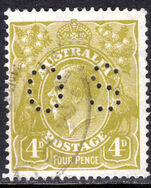 Australia 1926-30 4d Olive-yellow official perfin 2 wmk 7 perf 14 fine used.
