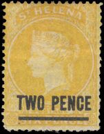St Helena 1864-80 2d yellow wmk CC perf 14 type B surcharge mint hinged.