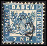 Baden 1868 7k blue (pulled perfs) fine used.