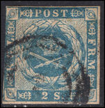 Denmark 1854-59 2sk blue 3 margins fine used.
