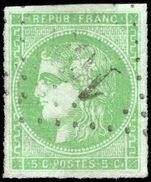 France 1870-71 5c yellow-green 4 margins fine used, tiny thin spot.