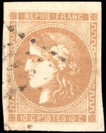 France 1870-71 10c yellowish-bistre 4 margins fine used.
