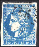 France 1870-71 20c blue type II 4 margins fine used.