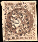 France 1870-71 30c brown 4 margins fine used.