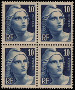 France 1945-46 10f blue small format block of 4 unmounted mint.
