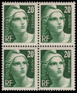 France 1945-46 20f blue-green small format block of 4 unmounted mint.