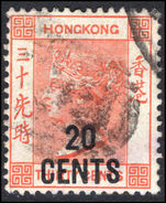 Hong Kong 1885 20c on 30c orange-red fine used.