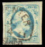 Netherlands 1852-63 5c greenish-blue unplated 4 margins fine used.