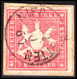 Wurttemberg 1865-68 3k rose roulette 10 fine used.