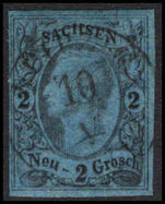 Saxony 1855-63 2g black on deep blue 4 margins fine used.