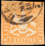 Wurttemburg 1857 3k orange silk thread imperf fine used.