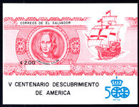 El Salvador 1988 500th Anniversary (1992) of Discovery of America by Columbus (2nd issue) souvenir sheet unmounted mint.