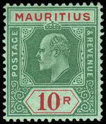 Mauritius 1910 10r green and red on green fine and fresh mint lightly hinged.