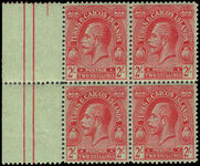 Turks & Caicos Islands 1922-26 2/- red on emerald wmk MCCA unmounted mint marginal block of 4. Some perf splitting.