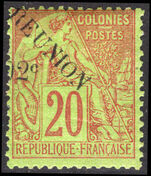 Reunion 1891 02c on 20c red/green mounted mint.
