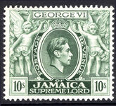 Jamaica 1938-52 10/- myrtle-green perf 13 lightly mounted mint.