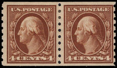 USA 1912 4c brown 3mm spacing perf 8   coil joint line pair lightly mounted mint.