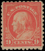 USA 1916-22 9c salmon no wmk perf 10 fine lightly mounted mint (bend and added corner perf).