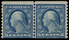 USA 1919 5c blue coil small holes variety (Scott 496a) joint line pair fine unmounted mint.