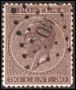 Belgium 1865 30c brown thick paper fine used.