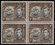 Grenada 1938-50 1d black and sepia perf 13½x12½ fine unmounted mint block of 4.