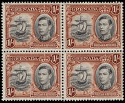 Grenada 1938-50 1s black and brown perf 13½x12½ fine unmounted mint block of 4.