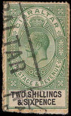 Gibraltar 1921-27 2s6d green and black Script CA used on piece.