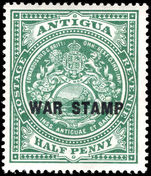 Antigua 1916-17 ½d green WAR TAX black overprint lightly mounted mint.