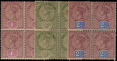Jamaica 1889-91 set of three in blocks of 4 (brown gum) lightly mounted mint.