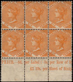 Jamaica 1905-11 6d dull orange marginal imprint block of 6 (toned gum) unmounted mint.