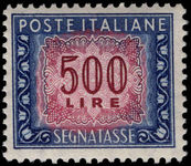 Italy 1947-54 500l lake and deep blue perf 13½x14 postage due wmk winged wheel fine unmounted mint.