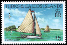 Turks & Caicos Islands 1983-85 $5 Caicos Sloop perf 14 unmounted mint.