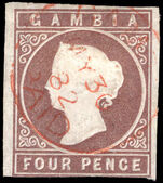 Gambia 1869-72 4d pale brown fine used. Tiny gum thin. Three margins.