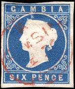 Gambia 1869-72 6d blue fine used. Tiny gum thin. Four margins.