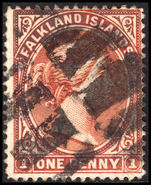 Falkland Islands 1891-1902 1d orange red-brown reversed watermark fine used.