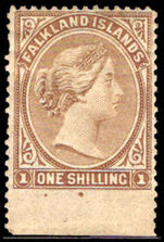 Falkland Islands 1878-79 1s bistre-brown mint hinged.
