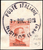 Nisiros 1912-21 20c orange no watermark fine used on piece.
