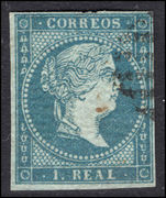 Spain 1855 1r greenish blue on bluish paper fine used.