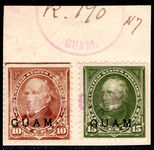 Guam 1899 10c brown and 15c olive-green fine used on piece.