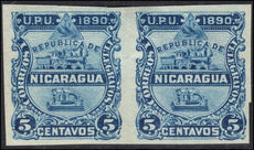 Nicaragua 1890 5c blue imperf pair fine lightly mounted mint.