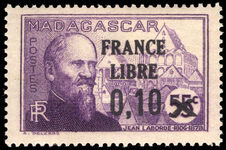 Madagascar 1943 France Libre 0.10 on 55c violet Laborde lightly mounted mint.