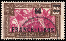 Madagascar 1943 France Libre 50 on 65c mauve and brown fine used.