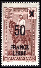 Madagascar 1943 France Libre 50 on 90c chocolate unmounted mint.