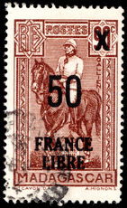 Madagascar 1943 France Libre 50 on 90c chocolate fine used.