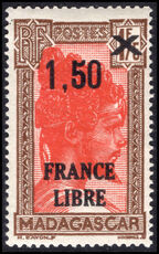 Madagascar 1943 France Libre 1.50 on 1f75 scarlet and chocolate unmounted mint.