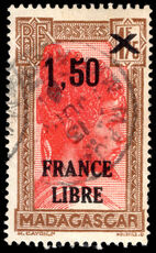 Madagascar 1943 France Libre 1.50 on 1f75 scarlet and chocolate fine used.